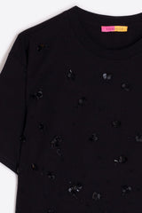 FLORAL SEQUINS BLACK T-SHIRT