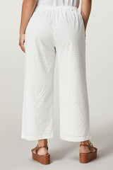 QUERCIA WHITE EYELET EMBROIDERY COTTON TROUSERS