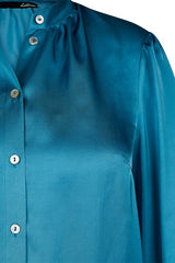 TEAL SATIN LIKE COLLARLESS SHIRT
