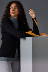 BLACK BICOLOR RIBBED MERINO WOOL CARDIGAN