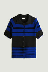 BLACK STRIPED MERINO WOOL SHORT-SLEEVED POLO SWEATER