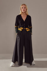 BLACK STRIPED HEM MERINO WOOL CARDIGAN