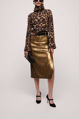 FREQUENZA BROWN SEQUINNED PENCIL SKIRT