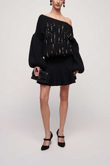 COMMENDA BLACK RHINESTONE BALLOON SLEEVES SWEATER