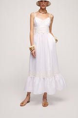PIOPPO SLIP-STYLE EMBROIDERED LACE TOP LINEN DRESS