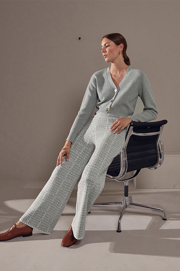 GREY WIDE-LEG JACQUARD KNITTED TROUSERS