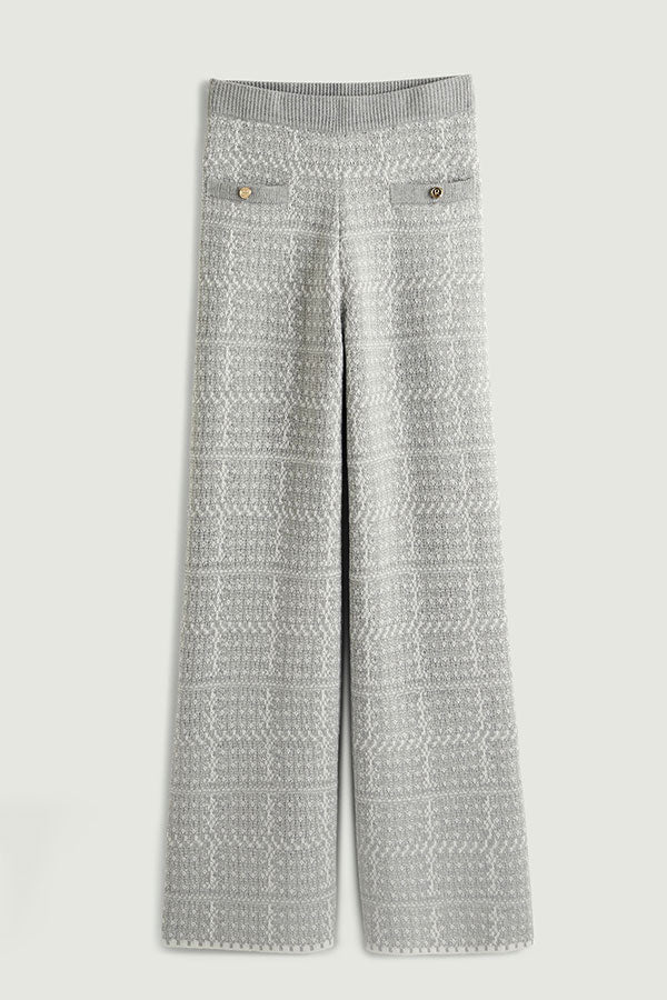 GREY WIDE-LEG JACQUARD KNITTED TROUSERS