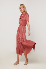 BRICK RED LONG SHORT SLEEVE SHIRT DRESS