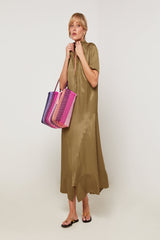 KHAKI LONG SHORT SLEEVE SHIRT DRESS