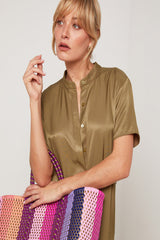 KHAKI LONG SHORT SLEEVE SHIRT DRESS
