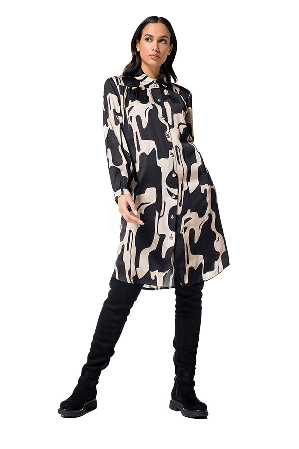 BLACK PRINT SHINY VISCOSE SHIRT DRESS