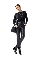 BLACK FAUX LEATHER SLIM TROUSERS