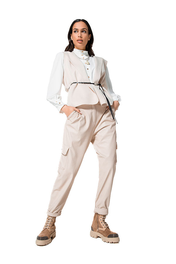 GREIGE FAUX LEATHER BAGGY TROUSERS