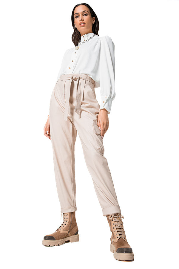 GREIGE FAUX LEATHER BAGGY TROUSERS