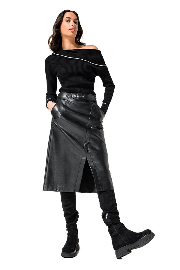 SHINY FAUX LEATHER ASYMMETRICAL STRAIGHT SKIRT