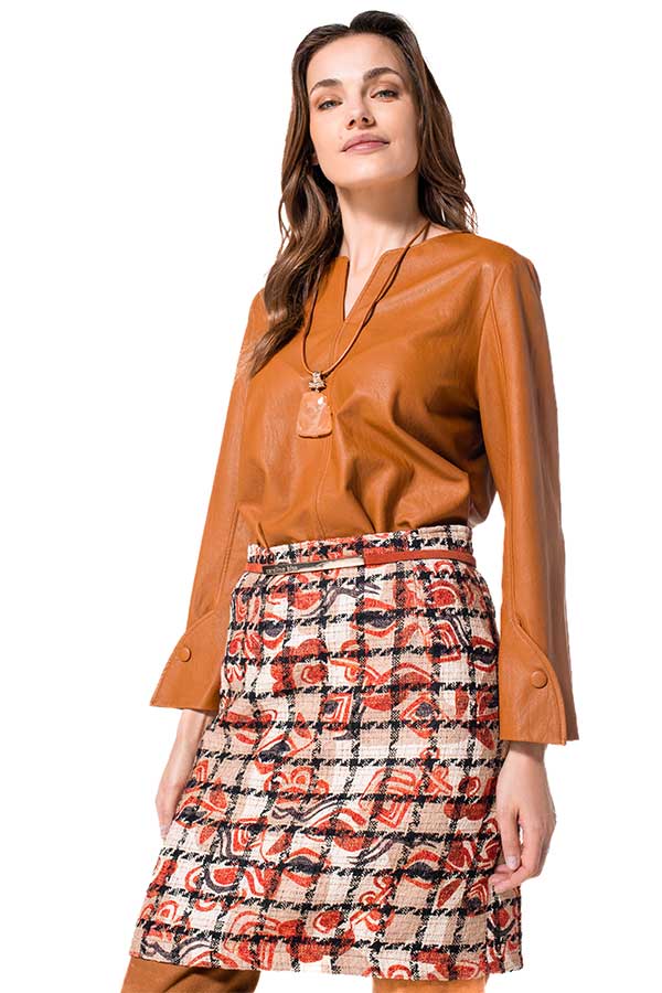 CAMEL FAUX LEATHER STRETCH TOP