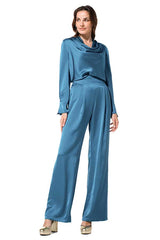 BLUE HIGH WAIST SHINY VISCOSE TROUSERS