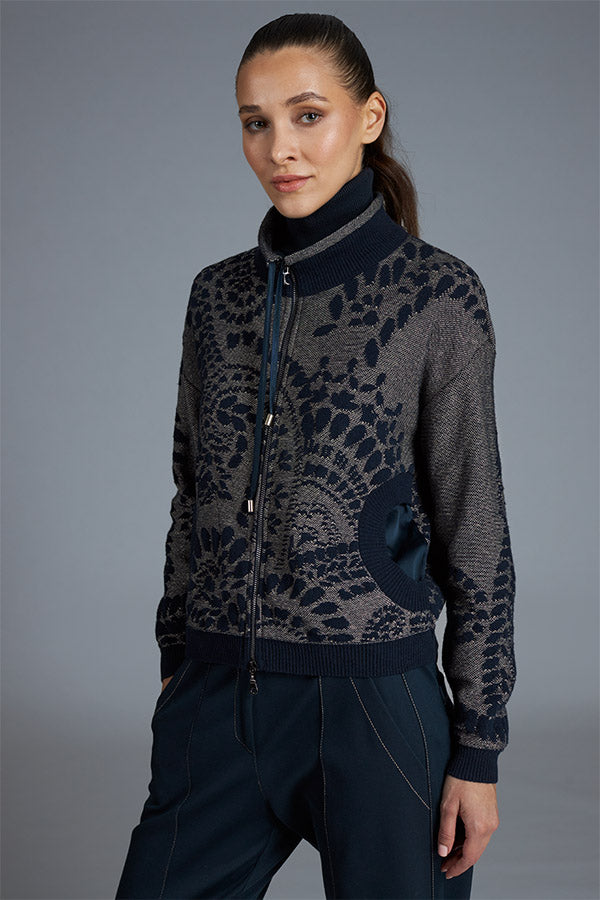 NAVY JACQUARD ZIPPED CARDIGAN