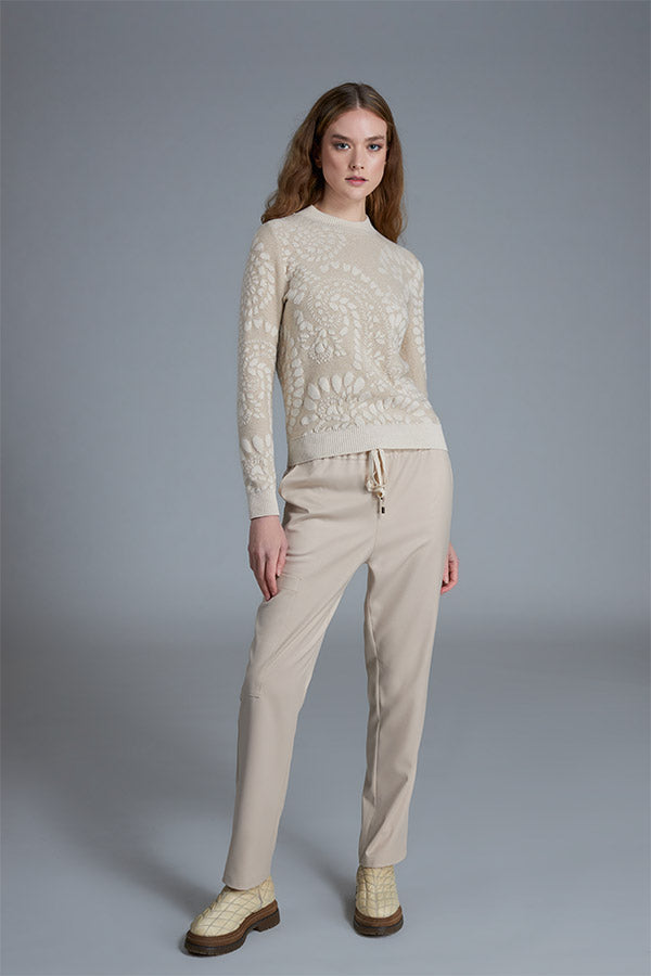 BEIGE JACQUARD ROUND-NECK SWEATER