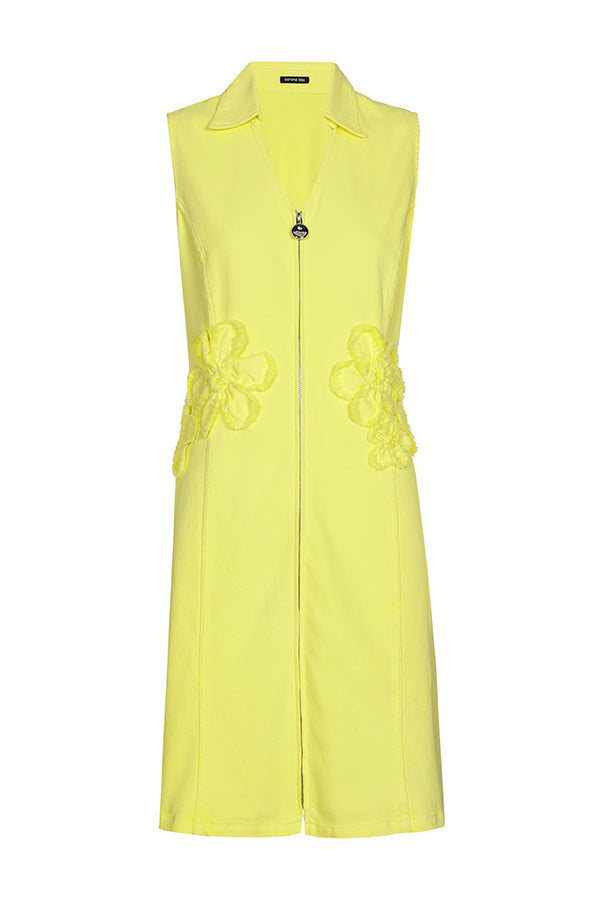 FRAYED FLORAL DETAIL YELLOW SLEEVELESS DRESS