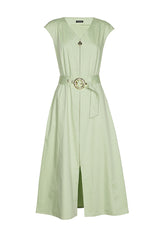 ALOE GREEN BELTED ZIPPED COTTON DRESS