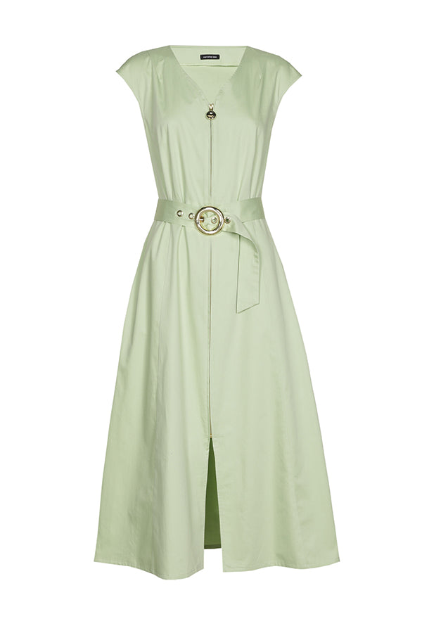 ALOE GREEN BELTED ZIPPED COTTON DRESS