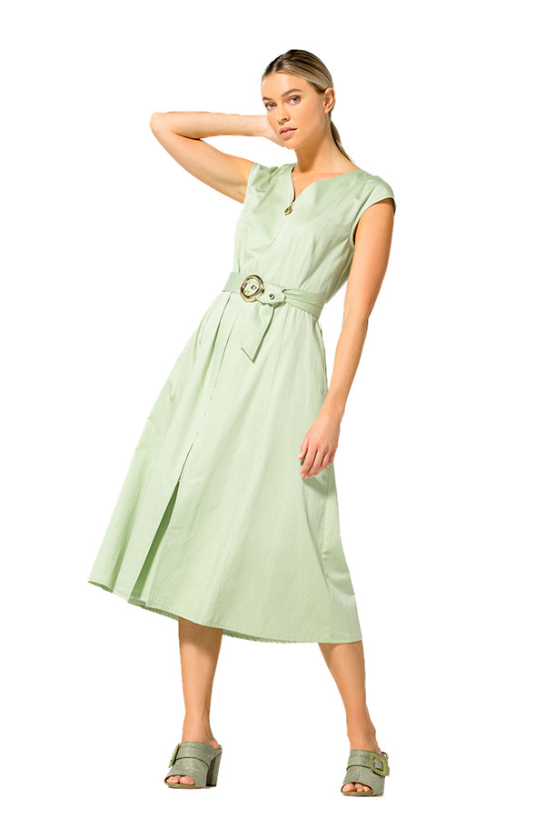 ALOE GREEN BELTED ZIPPED COTTON DRESS