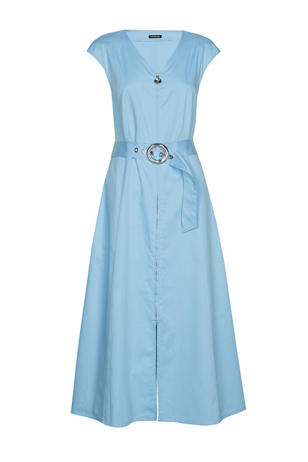 TURQUOISE BELTED ZIPPED COTTON DRESS