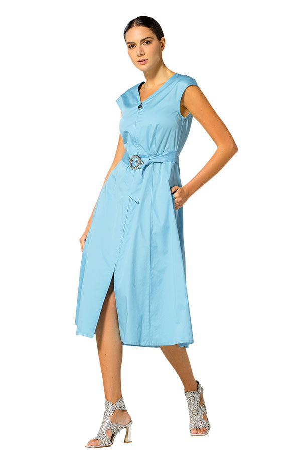 TURQUOISE BELTED ZIPPED COTTON DRESS