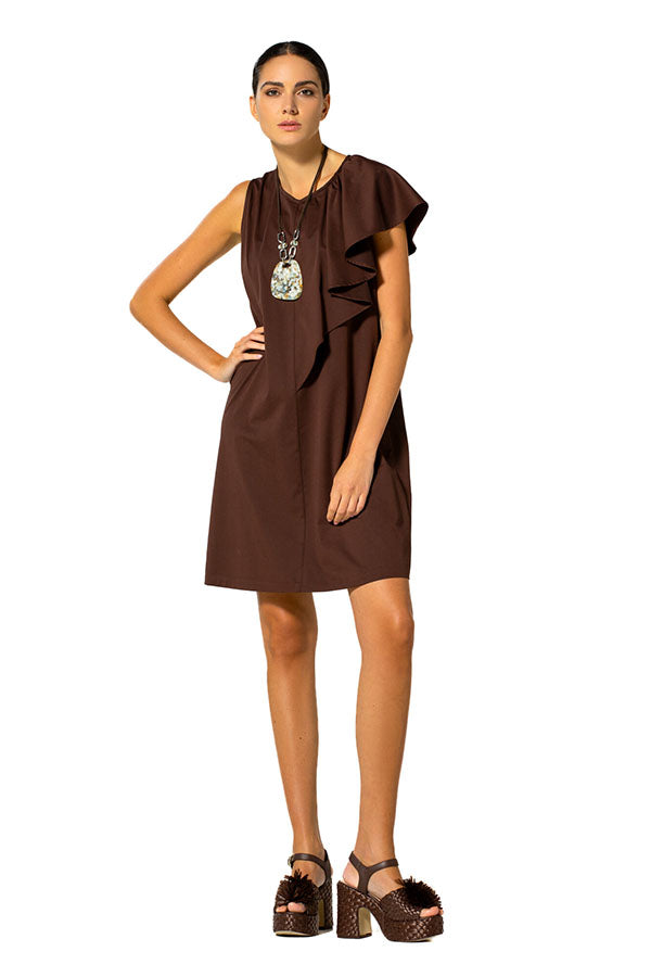 CHOCOLATE DRAPED SLEEVE COTTON DRESS