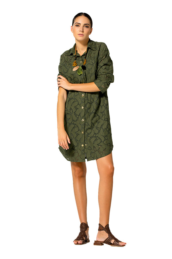 KHAKI LACE LINED SHIRT DRESS