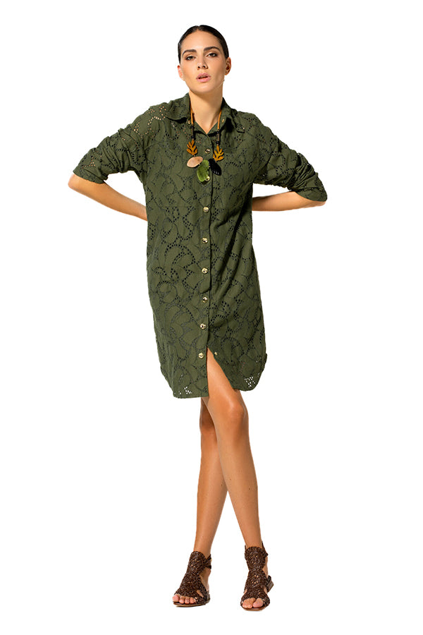 KHAKI LACE LINED SHIRT DRESS