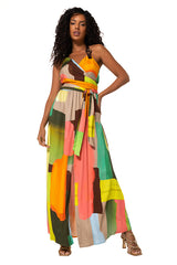 ABSTRACT MULTI COLOUR PRINT MAXI HALTER DRESS