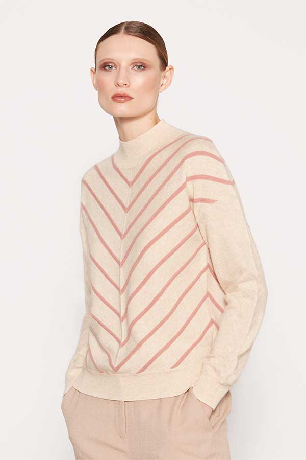 SAND DIAGONAL STRIPED INTARSIA SWEATER