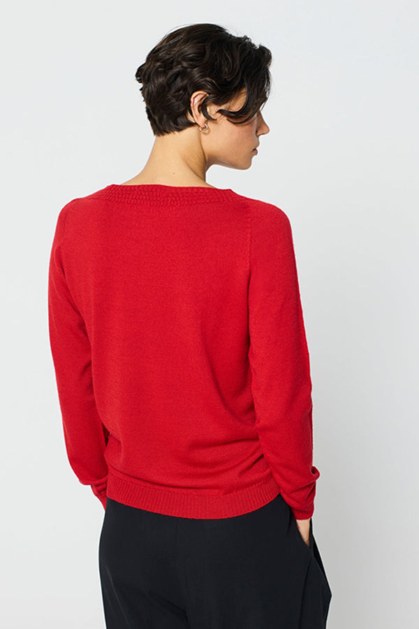 RED DOTTED TEXTURE BOATNECK SWEATER