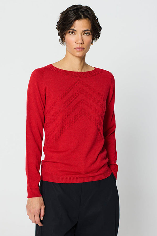 RED DOTTED TEXTURE BOATNECK SWEATER