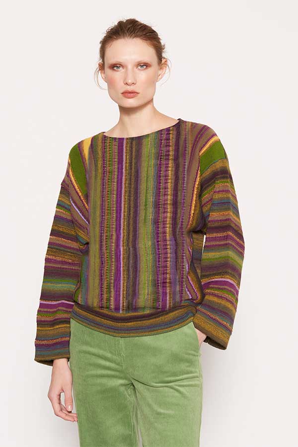 KHAKI WOOL INTARSIA STRIPED BOATNECK SWEATER