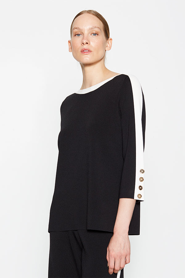 CONTRAST STRIPE BLACK BOAT-NECK SWEATER