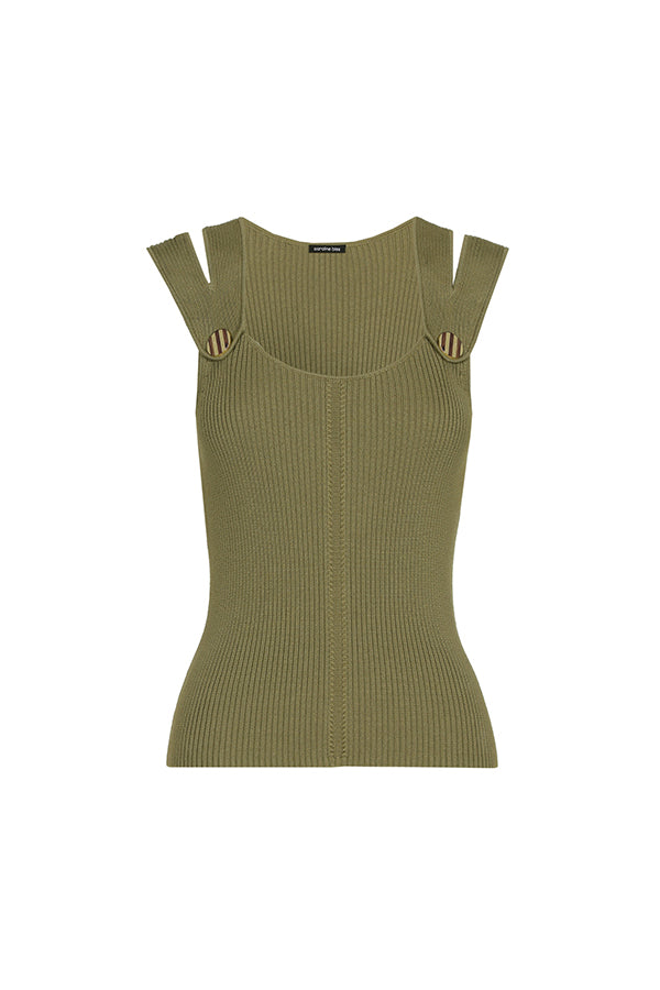 KHAKI FITTED RIBBED KNIT TOP