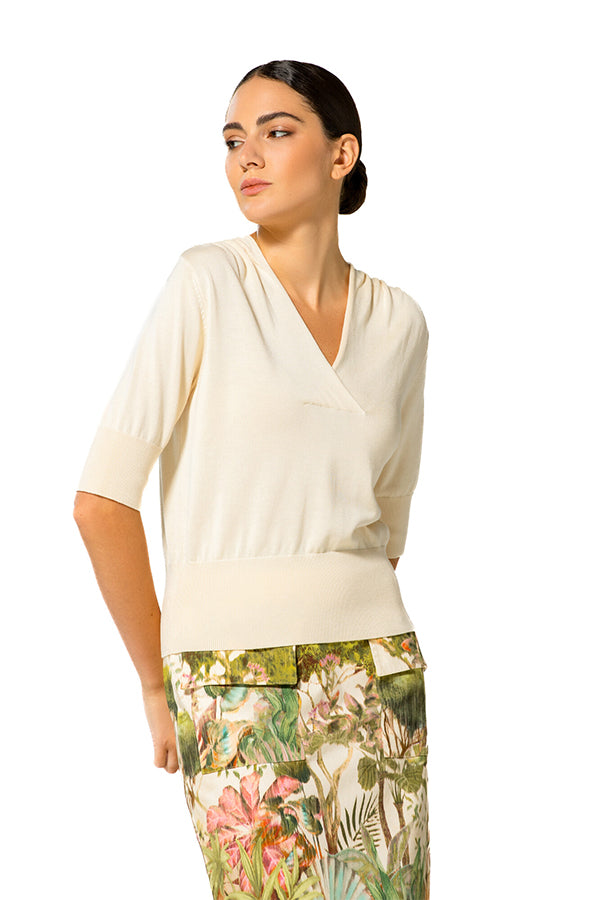 BEIGE PLEATED SHOULDER FINE PULLOVER