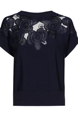 NAVY FLORAL DETAIL FINE KNIT SWEATER