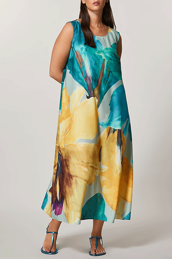 DOPPIO BRUSHSTROKE FLORAL PRINT CREPE DE CHINE DRESS