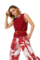 DARK RED SLEEVELESS TWO TONE SWEATER