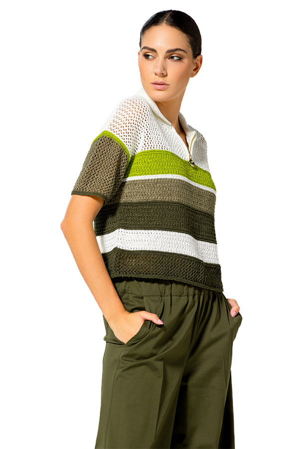 KHAKI TRICOLOR AIRY POLO SWEATER