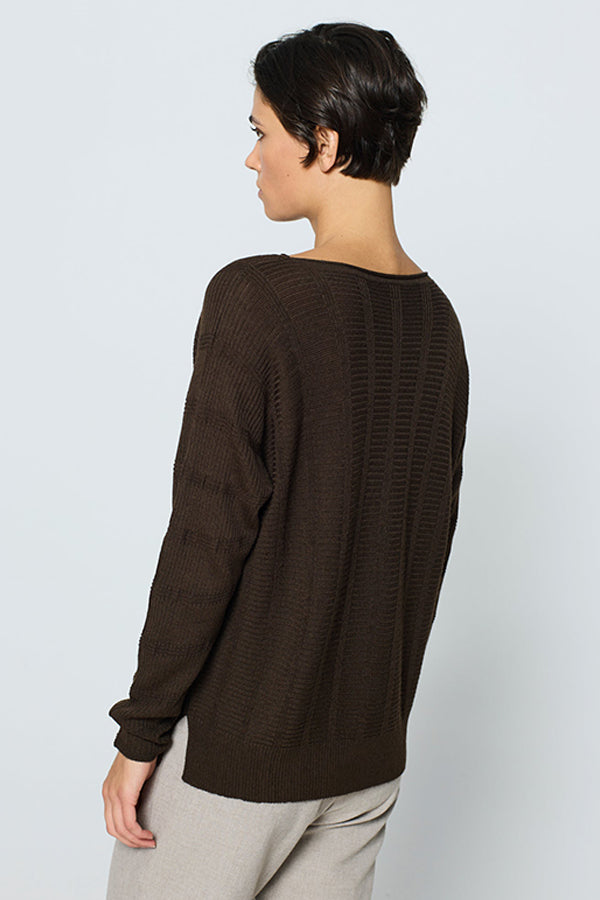 BROWN TEXTURED BOATNECK SWEATER