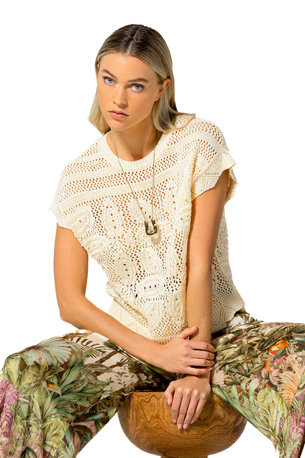 CREAM FLORAL LACE SEMI-SHEER PULLOVER