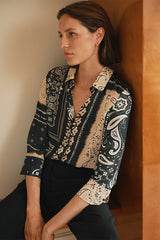 CANCANA BLACK PRINTED BANDANA 3/4 SLEEVES BLOUSE