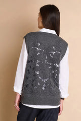ANGELLE GREY EMBROIDERED BACK SLEEVELESS V-NECK SWEATER