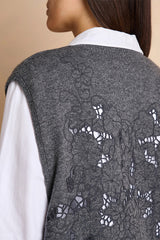 ANGELLE GREY EMBROIDERED BACK SLEEVELESS V-NECK SWEATER