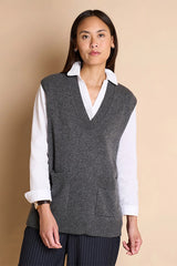 ANGELLE GREY EMBROIDERED BACK SLEEVELESS V-NECK SWEATER